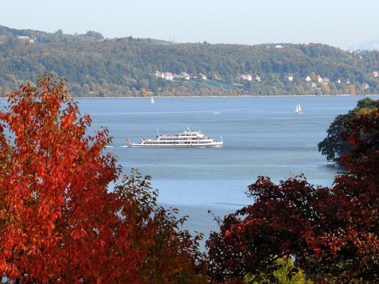 Schiff auf dem herbstlichen Bodensee.